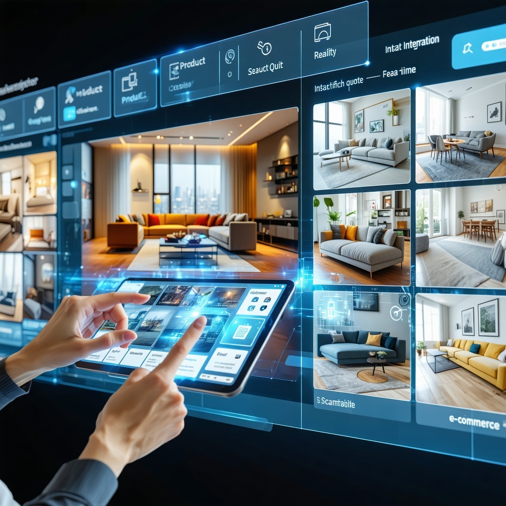 A sleek digital interface showcases a vibrant visual commerce platform featuring a dynamic 3D product configurator In the foreground a user interacts with a touchscreen customizing a modern sofa in various fabrics and colors surrounded by a virtual r-1